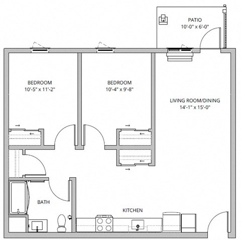Floor plan for 2 beds, 1 bath, 902 sqft